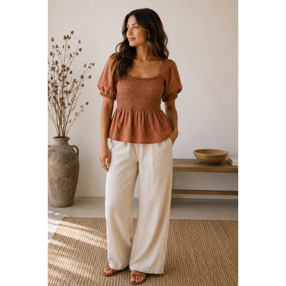 Madewell Brown‎ Smocked Puff Sleeve Peplum Top Size 6 Cottagecore Boho